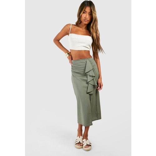 Linen Frill Midi Skirt - Vert Kaki - 8