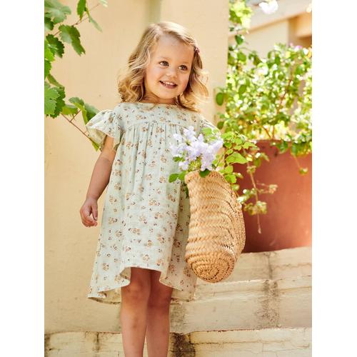 Robe Fille En Gaze De Coton Imprimée Manches Papillon Vert D'eau