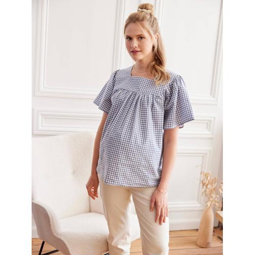 Blouse De Grossesse Carreaux Vichy Bleu Grisé