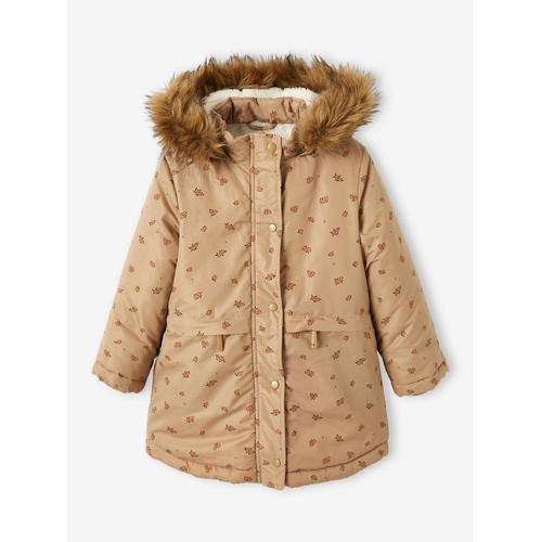 Parka À Capuche Fille Doublée Sherpa. Brown Dark