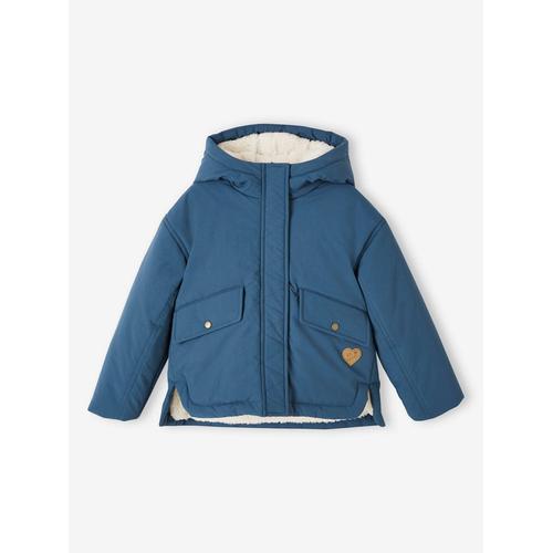 Parka À Capuche Courte Doublée Sherpa Fille Bleu Pétrole