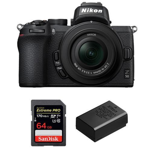 Nikon Z50 + 16-50mm f/3.5-6.3 VR + SanDisk 64GB Extreme Pro UHS-I SDXC 170 MB/s + Nikon EN-EL25 | Garantie 2 ans