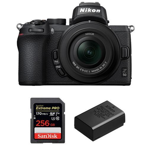 Nikon Z50 + 16-50mm f/3.5-6.3 VR + SanDisk 256GB Extreme Pro UHS-I SDXC 170 MB/s + Nikon EN-EL25 | Garantie 2 ans