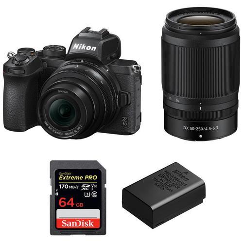 Nikon Z50 + 16-50mm + 50-250mm + SanDisk 64GB Extreme Pro UHS-I SDXC 170 MB/s + Nikon EN-EL25 | Garantie 2 ans