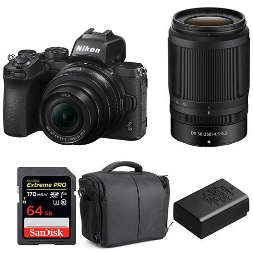 Nikon Z50 + 16-50mm + 50-250mm + SanDisk 64GB Extreme Pro UHS-I SDXC 170 MB/s + Nikon EN-EL25 + Sac | Garantie 2 ans