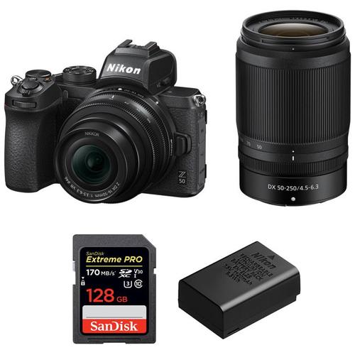 Nikon Z50 + 16-50mm + 50-250mm + SanDisk 256GB Extreme Pro UHS-I SDXC 170 MB/s + Nikon EN-EL25 | Garantie 2 ans