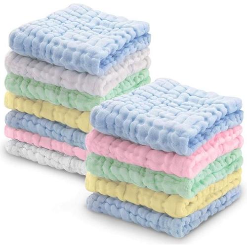 6 Couches De Gaze À Bulles En Coton Serviette Carrée Pour Le Lavage Et L'essuyage Des Bébés Petite Serviette Avec Cordon Serviette Pour La Bave-Bleu/Vert/Blanc/Rose/Jaune, 12pcs