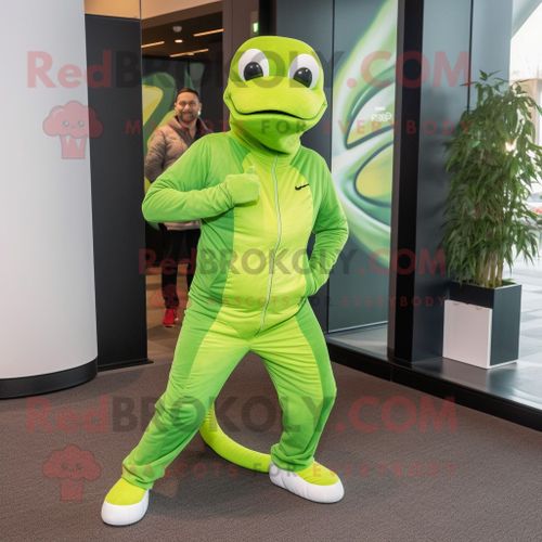 Costume De Mascotte Redbrokoly De Python Vert Lime Habillé D'un Jogging Et D'une Pochette