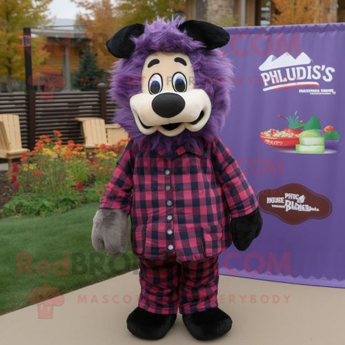 Personnage De Costume De Mascotte Redbrokoly Purple Shepard S Pie Habillé D'une Chemise En Flanelle Et De Cummerbunds