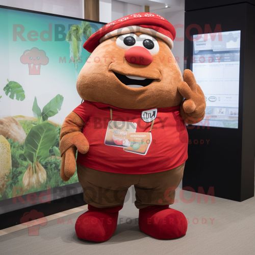 Personnage De Costume De Mascotte Redbrokoly De Pomme De Terre Rouge Habillé D'une Salopette Et De Wraps