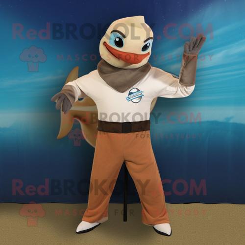 Personnage De Costume De Mascotte Redbrokoly D'espadon Beige Habillé D'un T-Shirt À Manches Longues Et De Ceintures