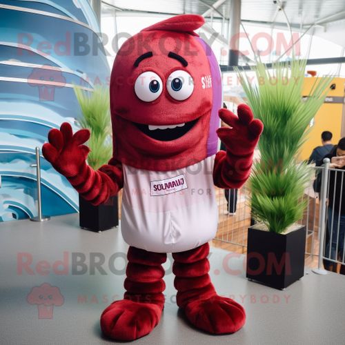 Personnage De Costume De Mascotte Redbrokoly De Crevettes Marrons Scampi Habillé D'un Pantalon Et De Bonnets