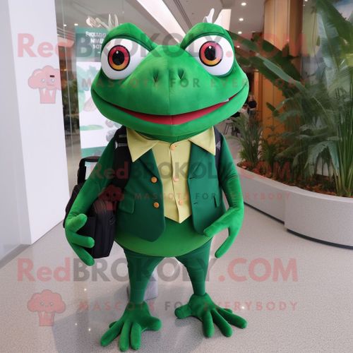 Personnage De Costume De Mascotte Redbrokoly De Grenouille Verte De Forêt Habillé D'une Mini Robe Et De Sacs De Messager