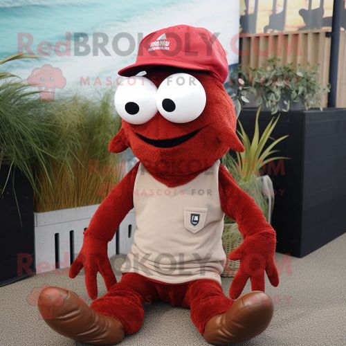Personnage De Costume De Mascotte Redbrokoly De Crevettes Marrons Scampi Habillé D'un Pantalon Et De Bonnets