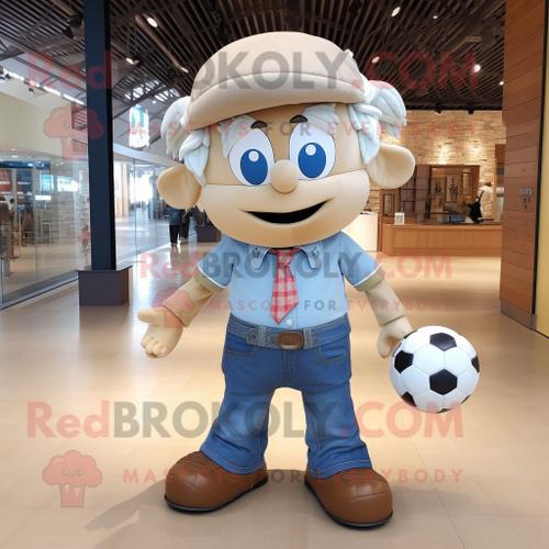 Personnage De Costume De Mascotte Redbrokoly De Ballon De Football Beige Habillé D'une Chemise En Jean Et De N?uds Papillon