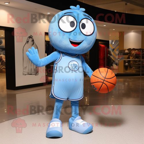 Personnage De Costume De Mascotte Redbrokoly De Ballon De Basket-Ball Bleu Ciel Habillé D'un Jean Skinny Et De Pochettes