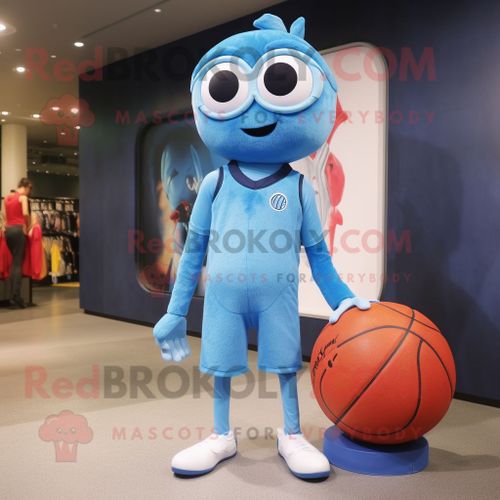 Personnage De Costume De Mascotte Redbrokoly De Ballon De Basket-Ball Bleu Ciel Habillé D'un Jean Skinny Et De Pochettes