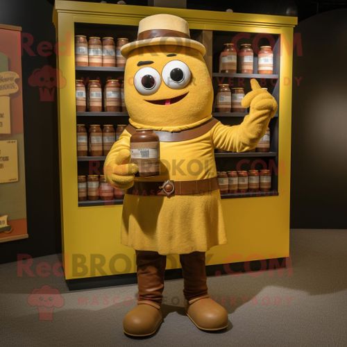 Personnage De Costume De Mascotte Redbrokoly De Bouteille De Moutarde Brune Habillé D'une Chemise Henley Et De Portefeuilles