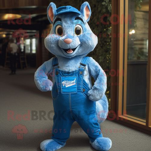 Personnage De Costume De Mascotte Redbrokoly D'écureuil Bleu Habillé D'une Salopette Et D'épinglettes