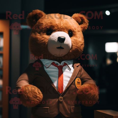 Personnage De Costume De Mascotte Redbrokoly D'ours En Peluche Marron Habillé D'une Veste De Costume Et De Broches