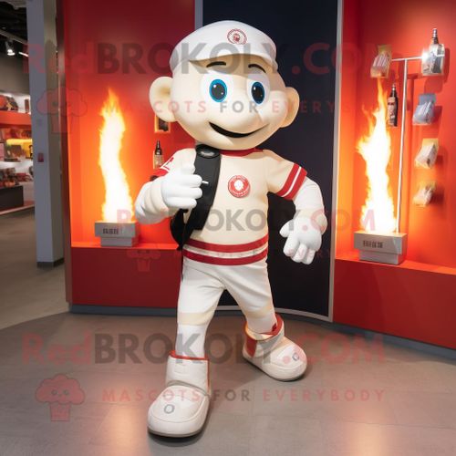 Personnage De Costume De Mascotte Redbrokoly De Pompier Blanc Vêtu D'un Short De Course Et De Portefeuilles