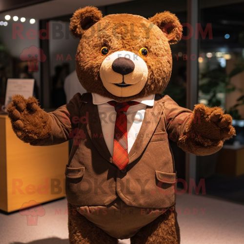 Personnage De Costume De Mascotte Redbrokoly D'ours En Peluche Marron Habillé D'une Veste De Costume Et De Broches