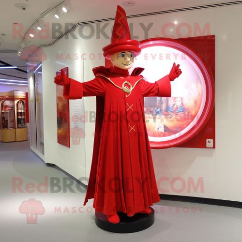 Mascotte Redbrokoly De Personnage De Magicien Rouge Habillé D'une Robe Taille Empire Et D'anneaux