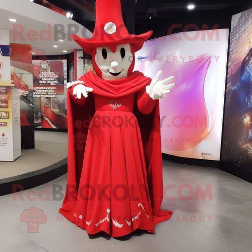 Mascotte Redbrokoly De Personnage De Magicien Rouge Habillé D'une Robe Taille Empire Et D'anneaux