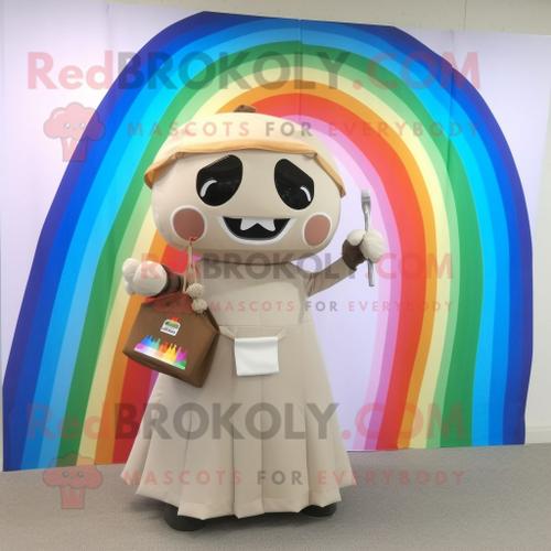 Personnage De Costume De Mascotte Redbrokoly Arc-En-Ciel Beige Habillé D'une Robe De Cocktail Et De Sacs Messagers