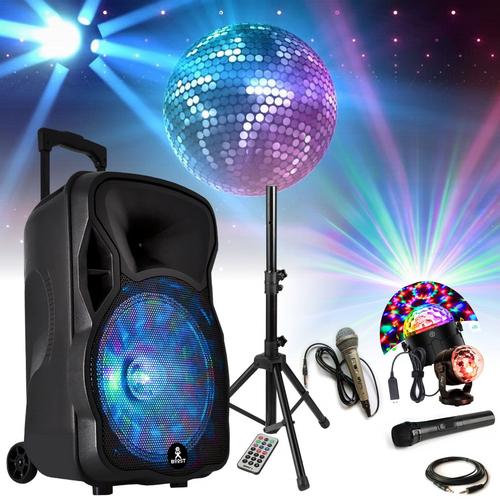 Pack Enceinte Karaoké sans fil Bluetooth USB BOOST-MOBILE15-SET 700W Pied 2 Micros - Effet Astro LED Multicolore Enfant Disco Cadeau