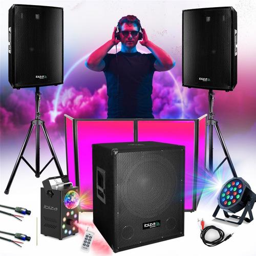 Pack Sono 2000W Ibiza Sound - 2 Enceintes 600W - Caisson Basses 800W - Façade Lycra avec Housse - Machine Fumée LED - Soirée DJ