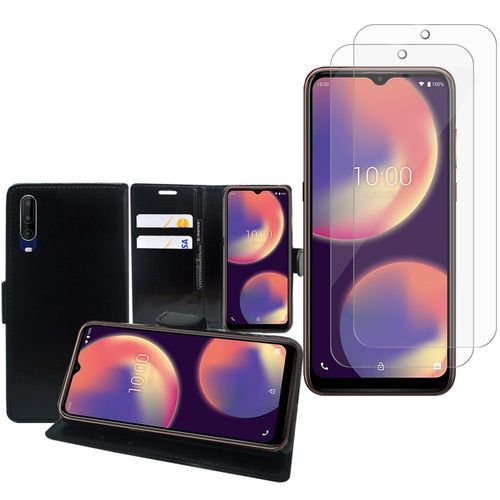 Etui Portefeuille Pour Wiko View 4 6.52" Support Video Cuir Pu - Noir + 2 Films Verre Trempé - Transparent