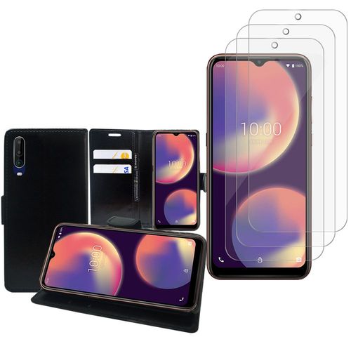 Etui Portefeuille Pour Wiko View 4 6.52" Support Video Cuir Pu - Noir + 3 Films Verre Trempé - Transparent