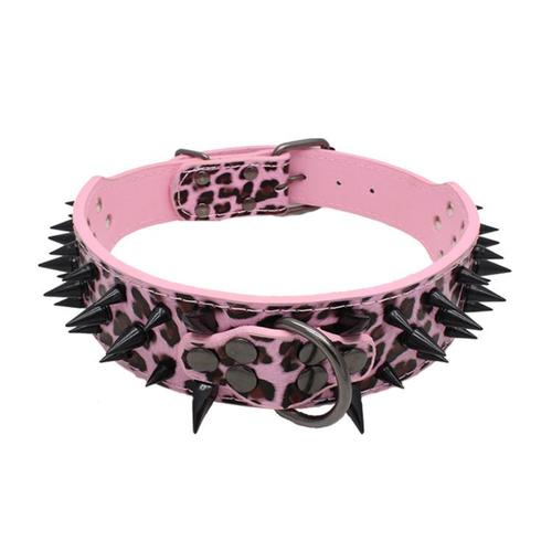 Collier De Chien Pointu Clouté De 2 Pouces De Large Collier En Cuir Élégant Pour Chiens De Taille Moyenne Pitbull Labrador Boxer (L: 21-24 Pouces, Léopard)