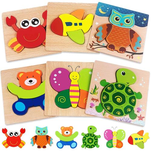 Puzzles en bois pour les tout-petits de 1 à 3 jouets, cadeaux pour garçons et filles de 1, 2 et 3 ans, lot de 6 puzzles d'animaux, jouets éducatifs d'apprentissage préscolaire 6 pièces