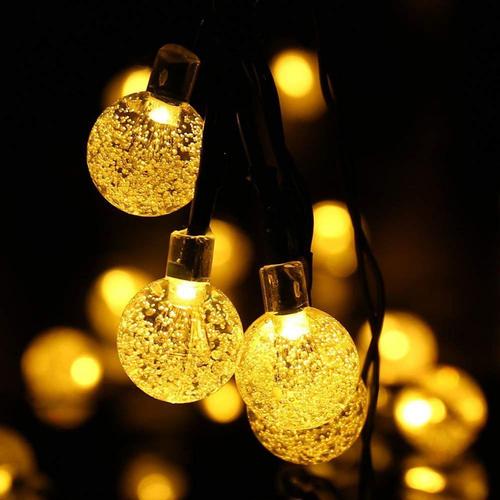 Guirlande Lumineuse Solaire, Guirlande Lumineuse 50 Boules De Cristal Led Étanche Ip65, Connecteur Usb Supplémentaire, 8 Modes De Lumières Décoratives Intérieures Et Extérieures, Maison/Jardin/Fête/Terrasse/Fête/Mariage (Blanc Chaud)