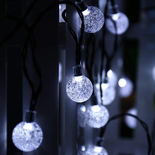 Guirlande Lumineuse Solaire, Guirlande Lumineuse 50 Boules De Cristal Led Étanche Ip65, Connecteur Usb Supplémentaire, 8 Modes De Lumières Décoratives Intérieures Et Extérieures, Maison/Jardin/Fête/Terrasse/Fête/Mariage (Blanc Froid)