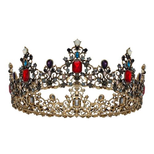 Couronne de reine baroque ornée de bijoux - Diadèmes et couronnes de mariage en strass pour femmes, accessoires de cheveux de fête costumée noire avec rubis, Victoria