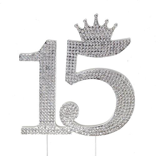 15 Quinceanera Princess Crown Cake Topper - Douce fête de 15e anniversaire (argent)