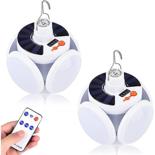 Lanterne de camping solaire, lampe de tente portable avec crochet de suspension, ampoules LED pliables en forme de football, lampes de camping rechargeables USB pour la maison, le bureau, la tente, la voiture, les pannes d'urgence (lot de 2)