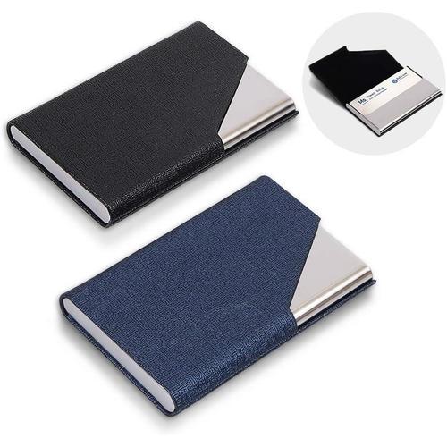 Paquet de 2 porte-cartes de visite professionnel mince en similicuir + porte-cartes de visite en acier inoxydable pour les voyages et les affaires noir et bleu