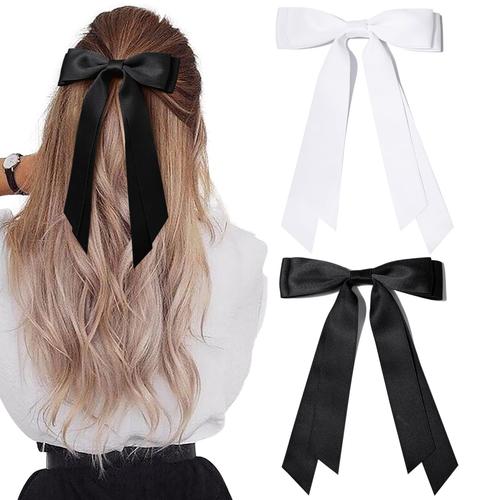 Lot de 2 n?uds à cheveux en satin soyeux avec ruban noir et blanc pour queue de cheval, accessoires coulissants, pinces en métal pour femmes, filles, tout-petits, adolescents, enfants