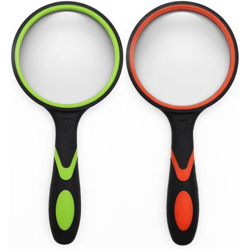 Lot de 2 loupes de lecture incassables 75 mm 10X pour personnes âgées et enfants, loupe en verre véritable avec poignée en caoutchouc antidérapante pour la lecture, les loisirs et la science (orange + vert)