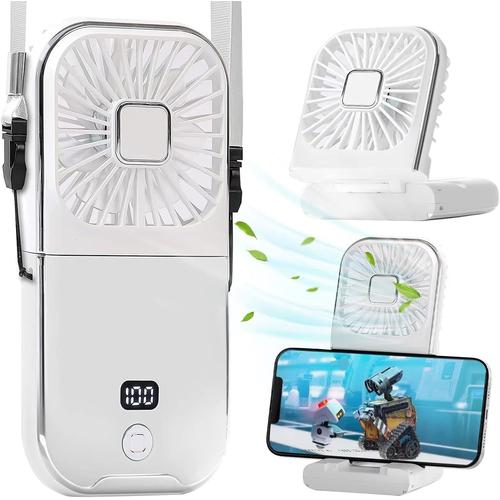 Mini ventilateur portable USB pliable pour le cou/portable avec batterie externe de 3000 mAh, écran intelligent de type C, support de téléphone, réglage à 4 vitesses pour les voyages, la conduite en plein air, le bureau