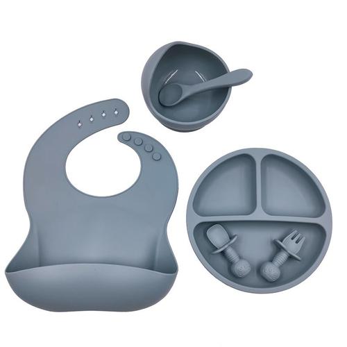 Ensemble D'alimentation Pour Bébé 6, Sans Bpa, Assiettes Et Couverts En Silicone De Qualité Alimentaire, Apprenez À Manger Tout Seul, L'ensemble Comprend Un Bol À Ventouse, Une Cuillère, Un Bavoir Et Une Tasse (Bleu)