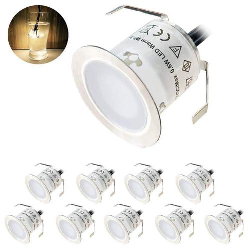 Lot de 10 Spots LED Encastrables Extérieurs, IP67 Etanche, Lumière Blanc Chaud 3000K, 32MM 0,6W DC12V Lampadaire pour Allée Terrasse Bois Piscine Escaliers