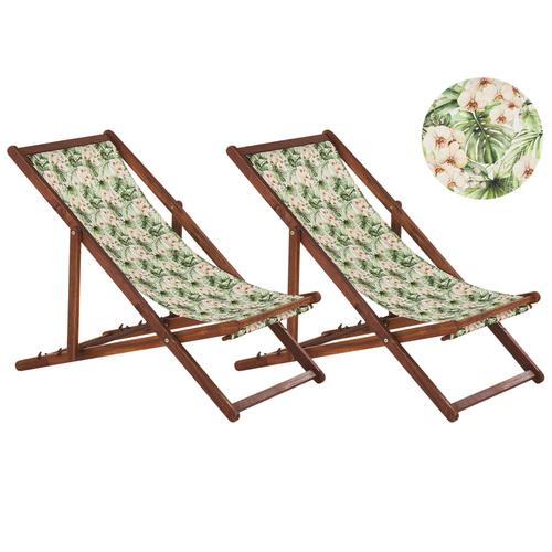 Lot De 2 Chiliennes En Bois Foncé Et Tissu Motif Floral Vert Et Rose Anzio