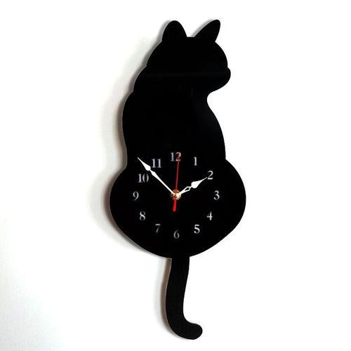 Horloge murale créative en acrylique en forme de chat avec pendule à queue pivotante pour salon, chambre à coucher, cuisine, décoration d'intérieur ¿ Batterie non incluse (42 cm x 18 cm) Noir