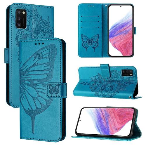 Étui Pour Samsung Galaxy A41 Cuir Premium Gaufrage Papillon Couverture Rabotant Magnétique - Bleu