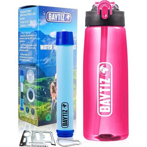 | Gourde Filtrante + Paille De Survie Au Charbon Actif - Bouteille Filtre À Eau Nomade : Voyage Randonnée Trek Camping Kit Purificateur Réutilisable + Boussole Plastique Sac Pluie Catastrophe